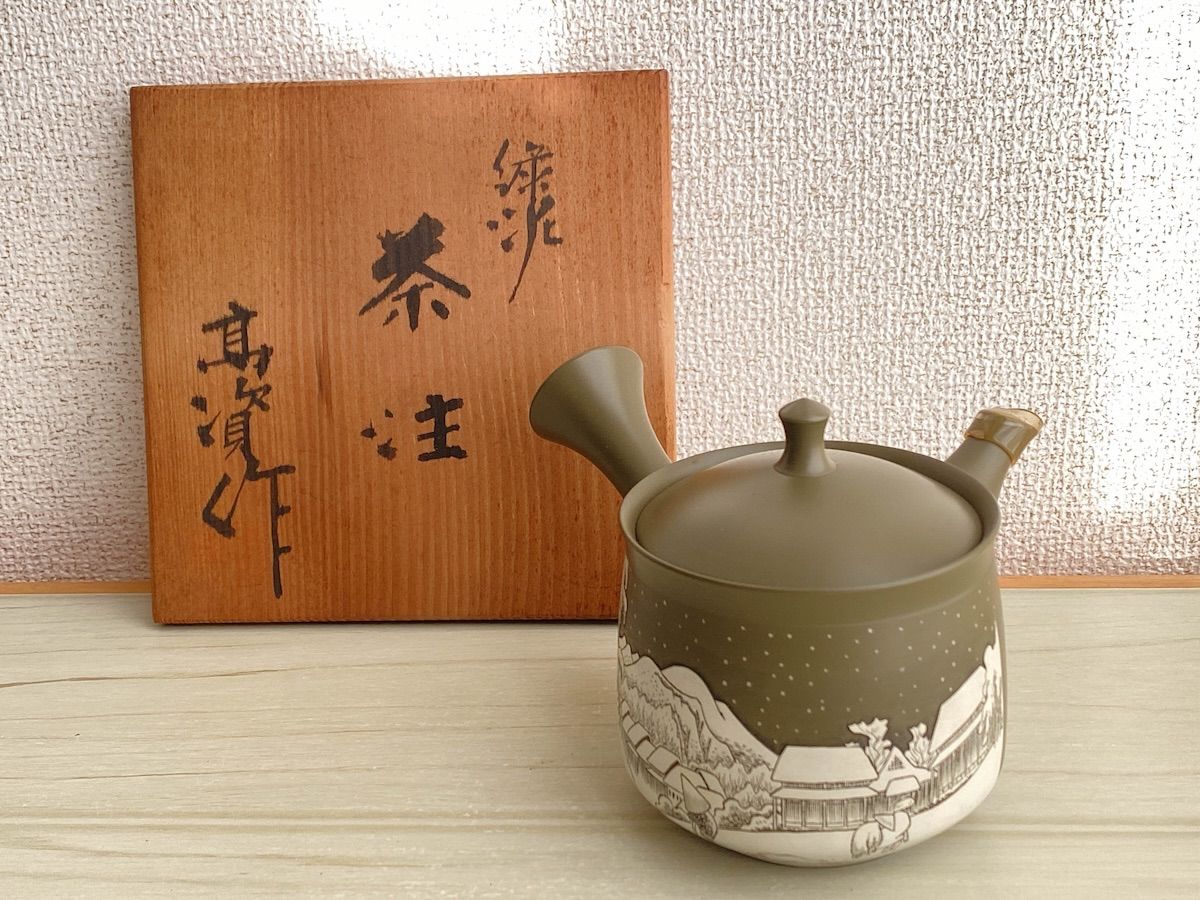 TK127 常滑焼 宝生庵 高資 作 緑泥 急須 茶注 東海道五十三次 浦原 胴径約8.5cm 共布共箱 陶器 煎茶道具 茶器
