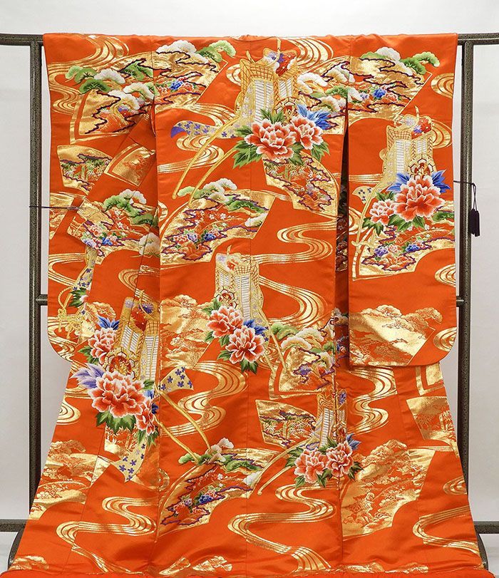 色打掛 正絹 四季花扇面御所車模様 打掛 花嫁衣裳 婚礼 リサイクル ブライダル ウエディング 着物 e3143