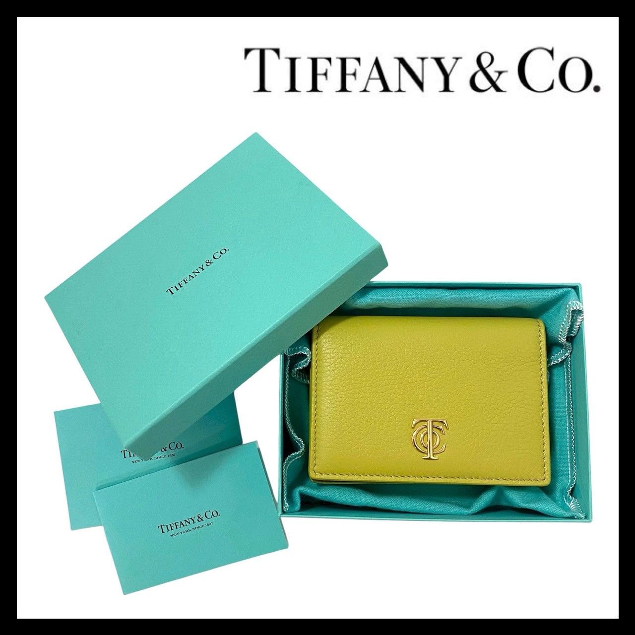 TIFFANY-Co. カードケース レザー ライムグリーン 二つ折り 名刺入れ パスケース ティファニー M-296