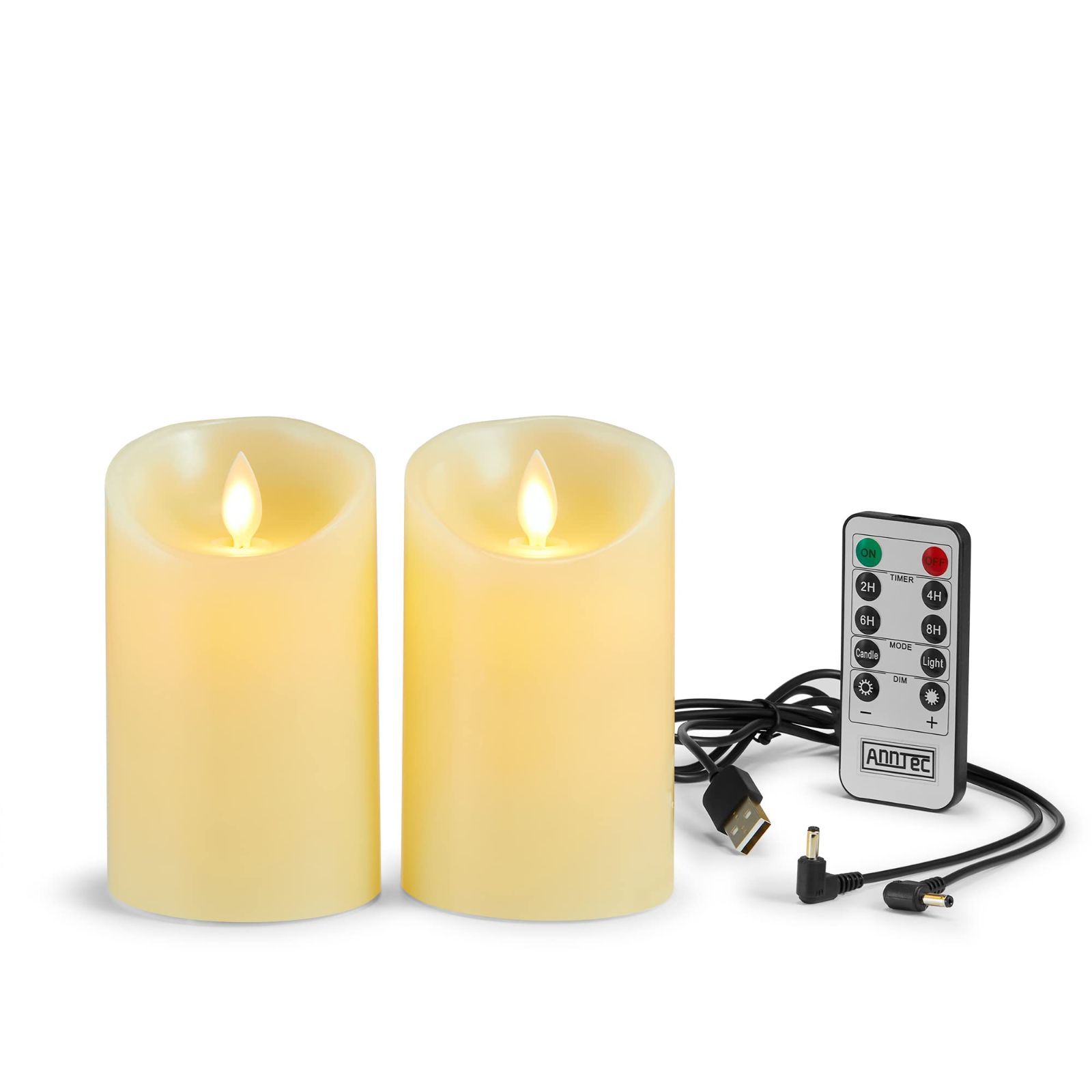 led キャンドルライト【2点セット】 キャンドル ledキャンドルライトUSB充電式 暖色光 専用リモコン付 自動消灯タイマー AnnTec （直径7.5cm×高さ10cm）