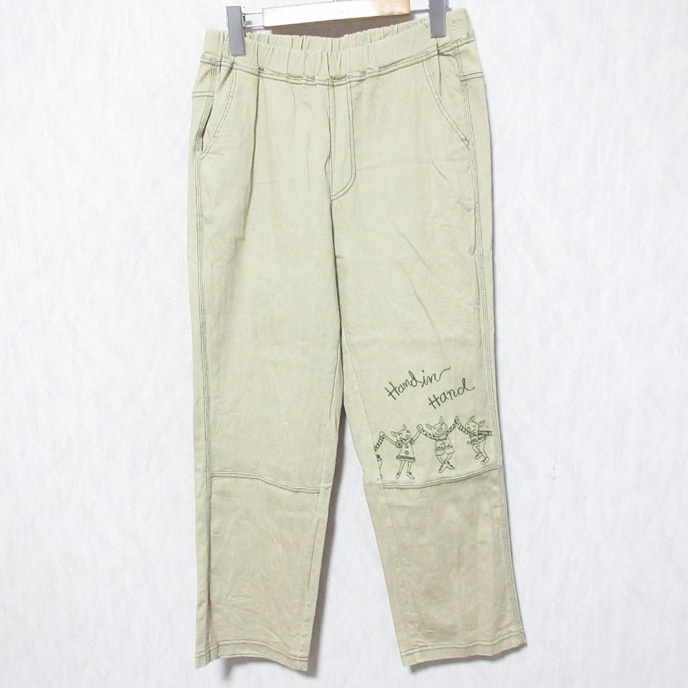 OLLEBOREBLA アルベロベロ　パンツ S 黒　ぶたさん　レディース　刺繍 麻混【OLLEBOREBLA】アルベロベロ 豚さん フラワー 刺繍 パンツ