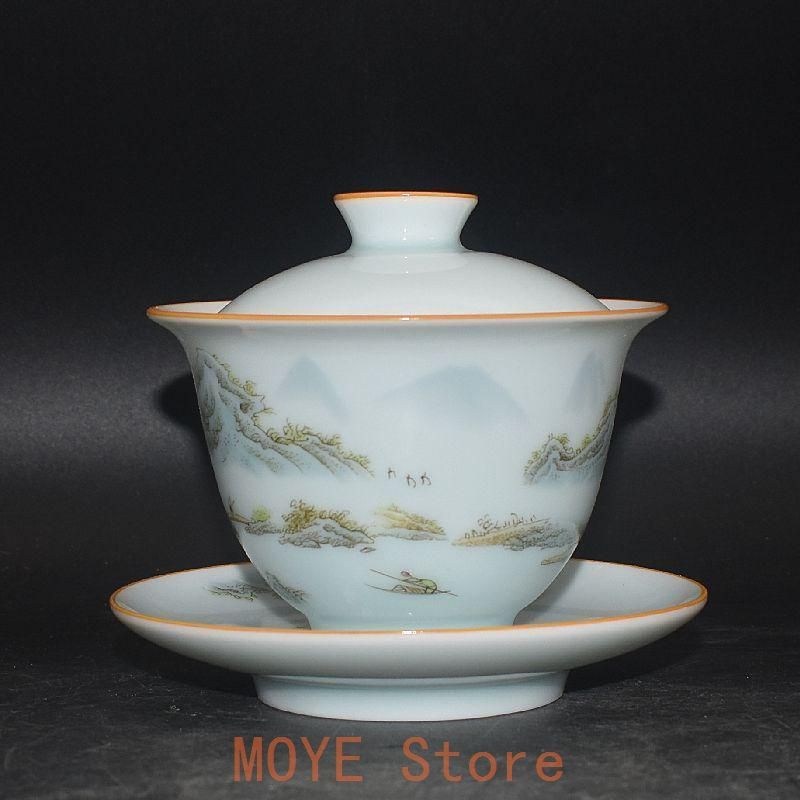 粉彩山水人物三才蓋碗 茶器 湯飲み煎茶器 茶道具 新品未使用zw0829