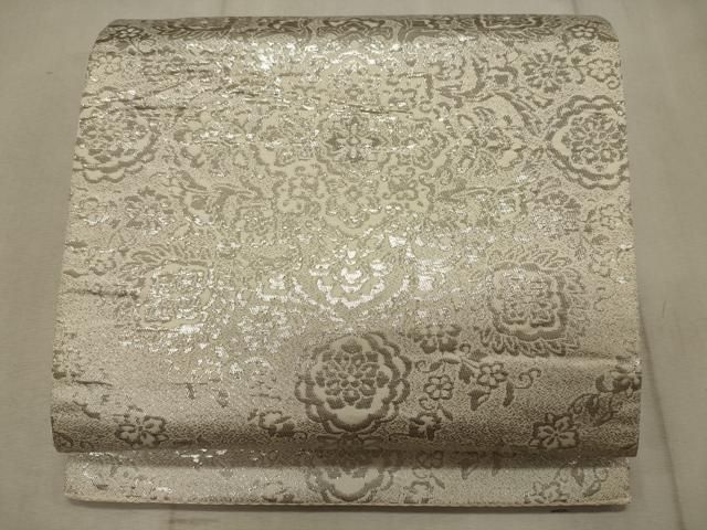 5k2375 袋帯　絹　錦織　純銀箔使用　正倉院文様　華文　七宝　白　銀色　花柄 5k2375 袋帯 絹 錦織 純銀箔使用 正倉院文様 華文 七宝 白 銀色 花