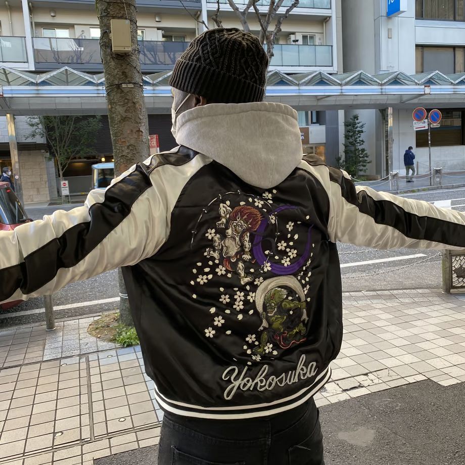 中綿入り Yokosuka刺繍入り スカジャン PUFF SUKAJAN 風神雷神