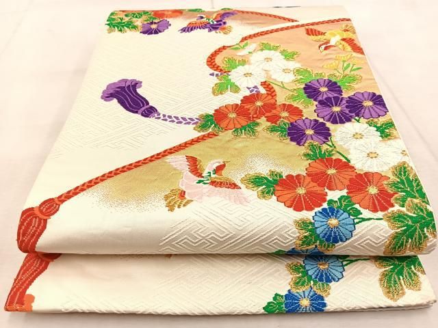 平和屋着物◎六通柄袋帯 唐織 菊花鳥文 金銀糸 正絹 逸品 BAAU9452yc