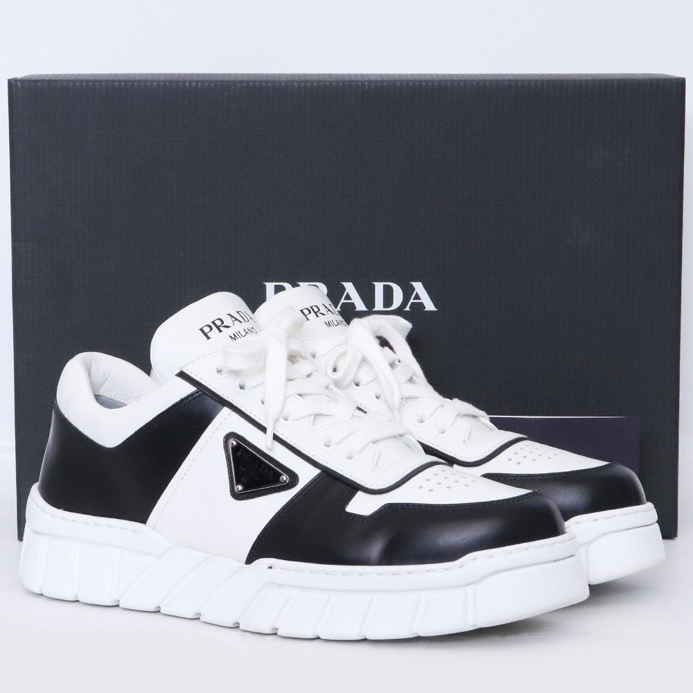 美品✨ プラダ トライアングルロゴ Pロゴ メンズ スニーカー 25.5cm相当 PRADA トライアングルロゴ レザー スニーカー サイズ9 ブラック