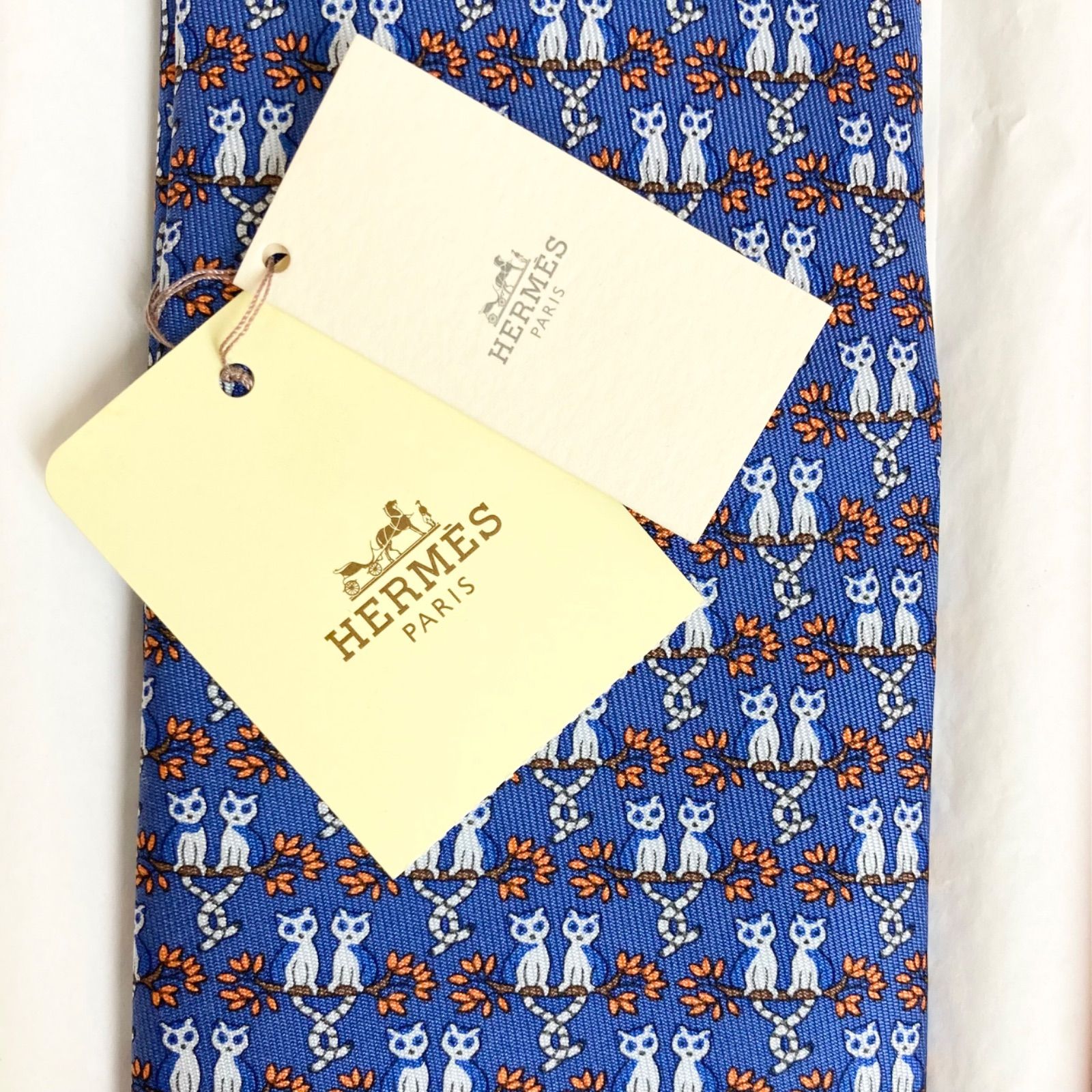 新品未使用タグ付き】HERMES 猫柄ネクタイ ブルー ネイビー