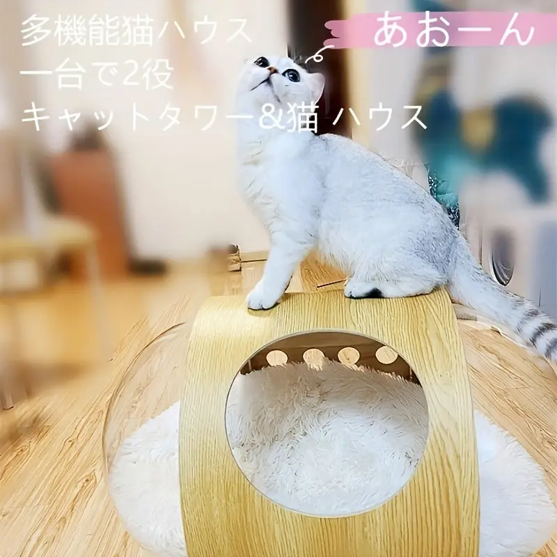 猫宇宙船ハウス 猫 ベッド ウォールナット 爪とぎ付き クッション付き 木製 透明宇宙船 可愛い オシャレ 通気性 ペット休憩所 キャットタワー 組立簡単 日本語取扱説明書付き