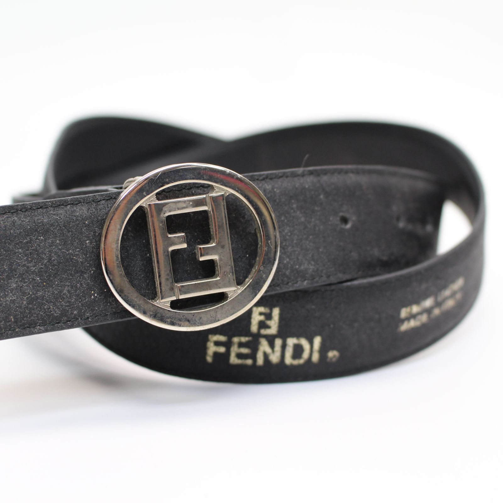 756)FENDI フェンディ FF金具 丸型 ロゴバックル メンズ レザー ベルト