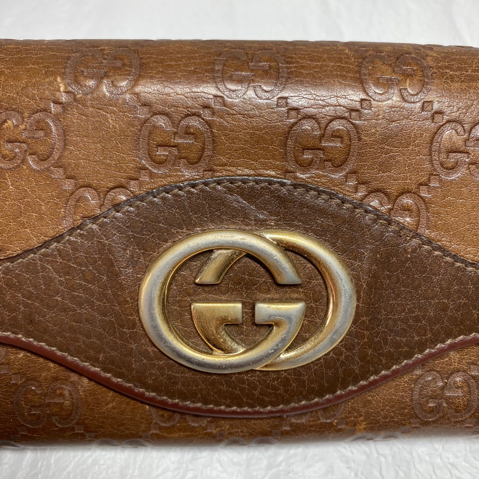 ?美品? GUCCI フラップ長財布 ブラウン茶 GGシマ インターロッキング 
