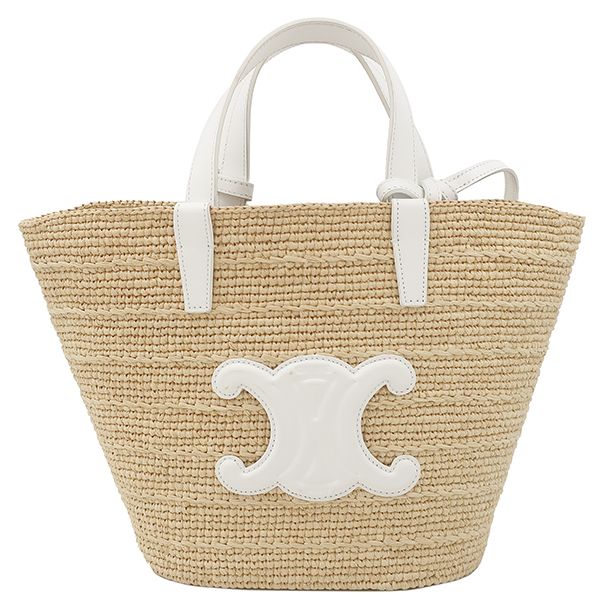 セリーヌ CELINE 2WAYバッグ ティーン サプル クラシック パニエ ラフィア レザー ベージュ×ホワイト ゴールド金具 カゴバッグ バスケット ストローバッグ 115802FF7 保存袋