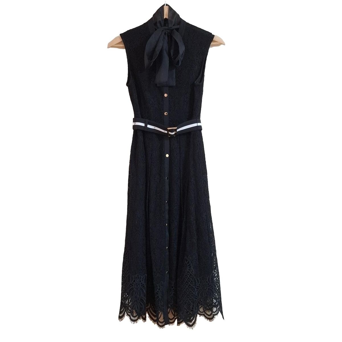 ダイアグラム ワンピース サイズ36 S レディース - 黒 ハイネック|ノースリーブ|ロング|シャツワンピ|総レース|リボンタイ着脱可