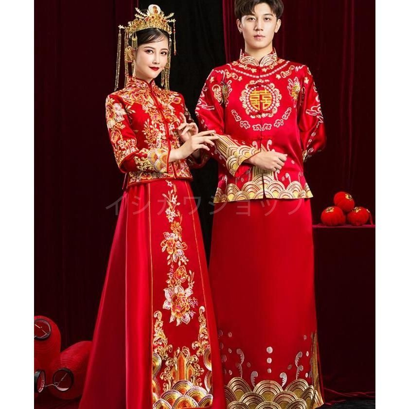 中華服 チャイナドレス 大人 女性 男性 中国風 ウエディングドレス 中華ドレス 花嫁 新郎 新婦 結婚式 チャイナ服 上下セット 長袖 牡丹 花