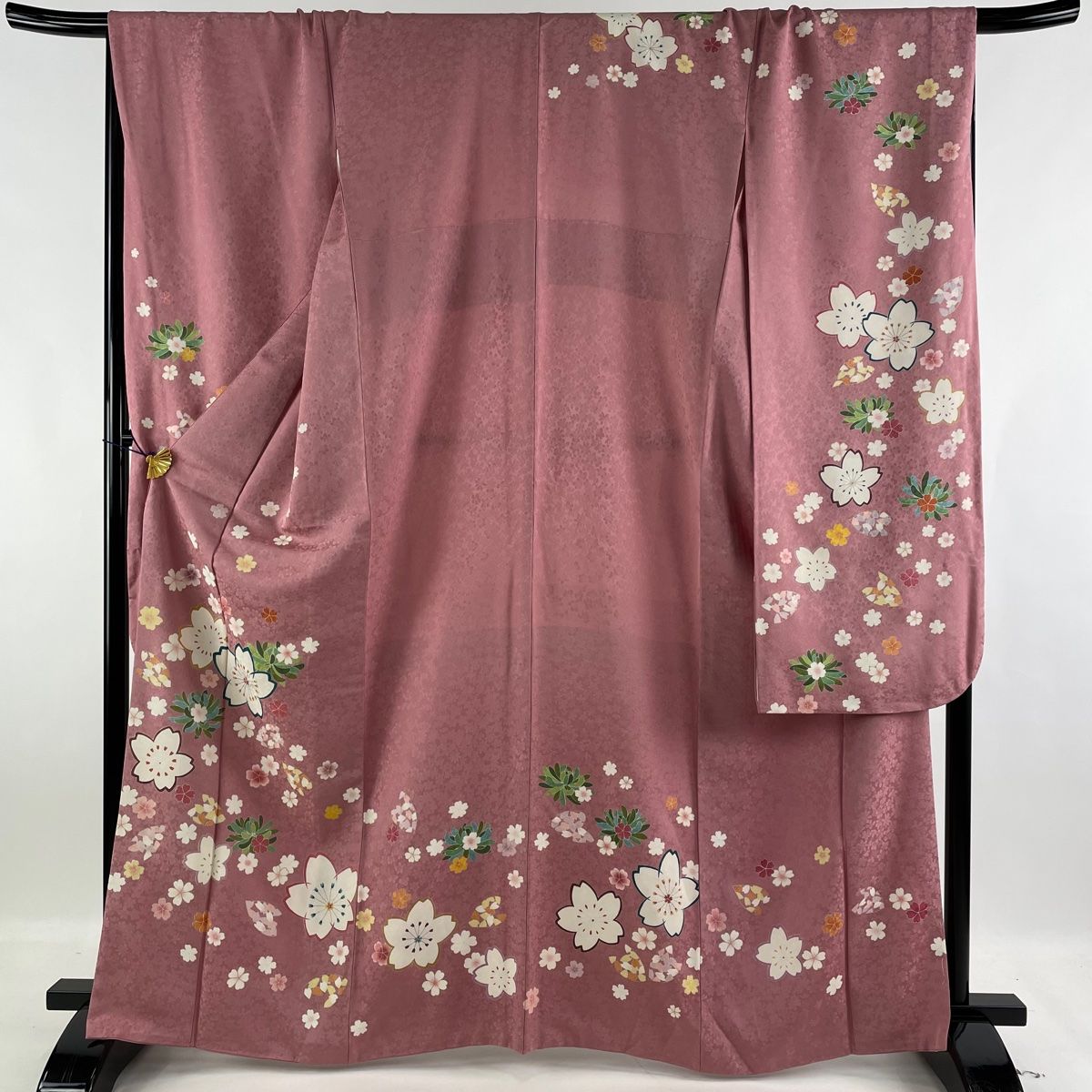 振袖 身丈166.5cm 裄丈69.5cm L 袷 桜 葉柄 金彩 ピンク 正絹 美品