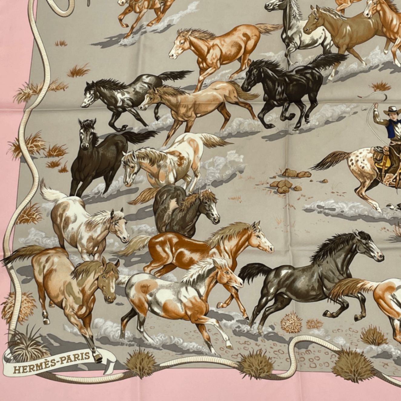 Hermes エルメス　カレ90 MUSTANGS Les Mustangs Marble Silk scarf 90 - Pink | Hermès Canada