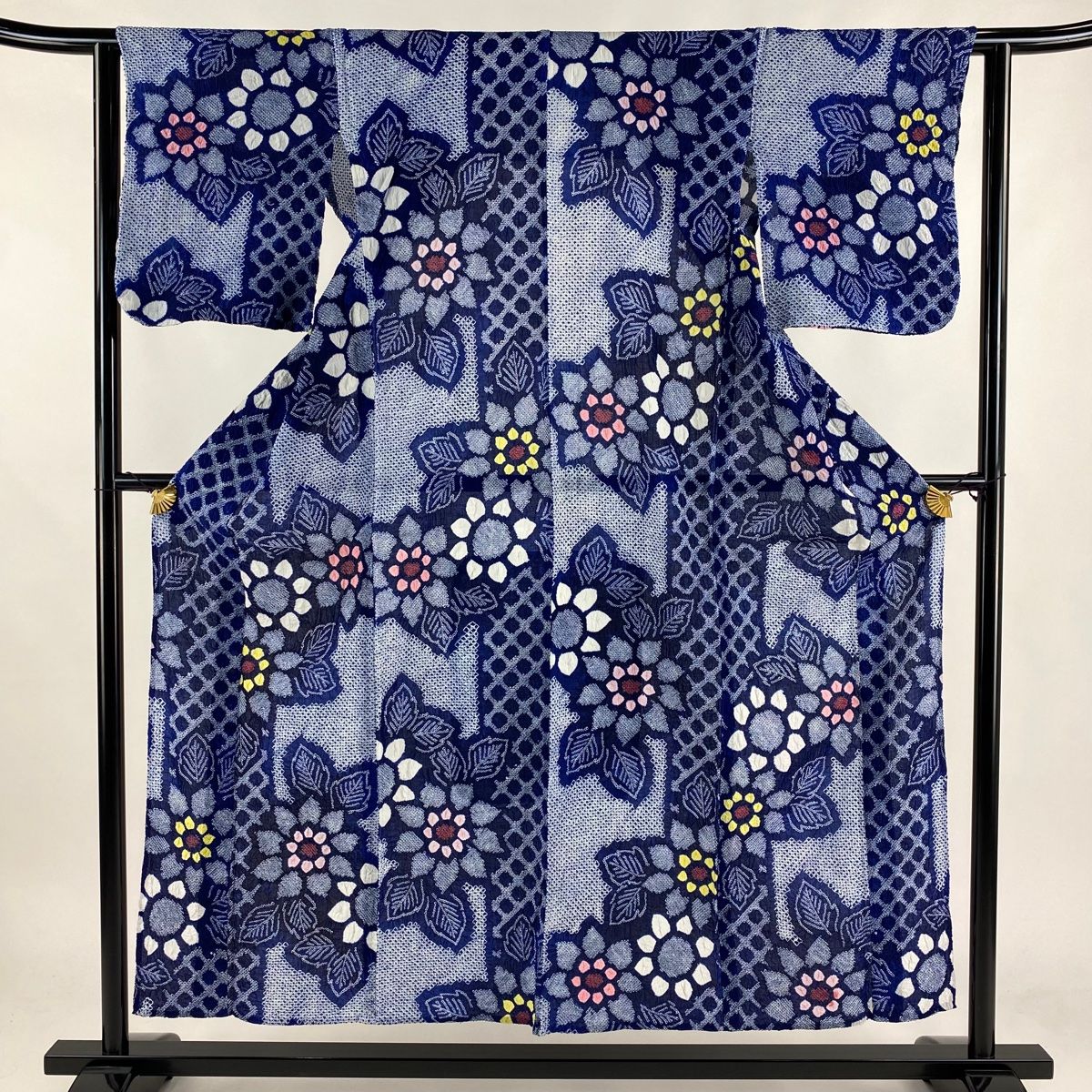 浴衣 身丈152.5cm 裄丈61cm S 絞り浴衣 ひまわり 藍色 綿 名品