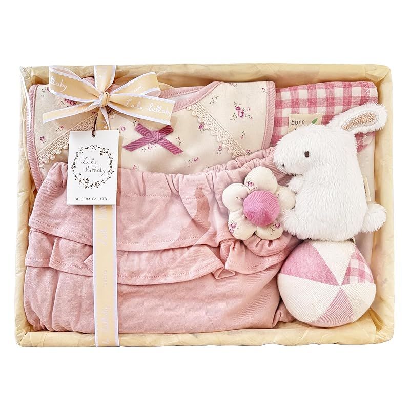 Lulu lullaby ルルララバイ ビセラ製作所 出産祝いセット 花を摘むうさぎ Mカゴ ピンク 6点セット 日本製 ベビーギフト 0