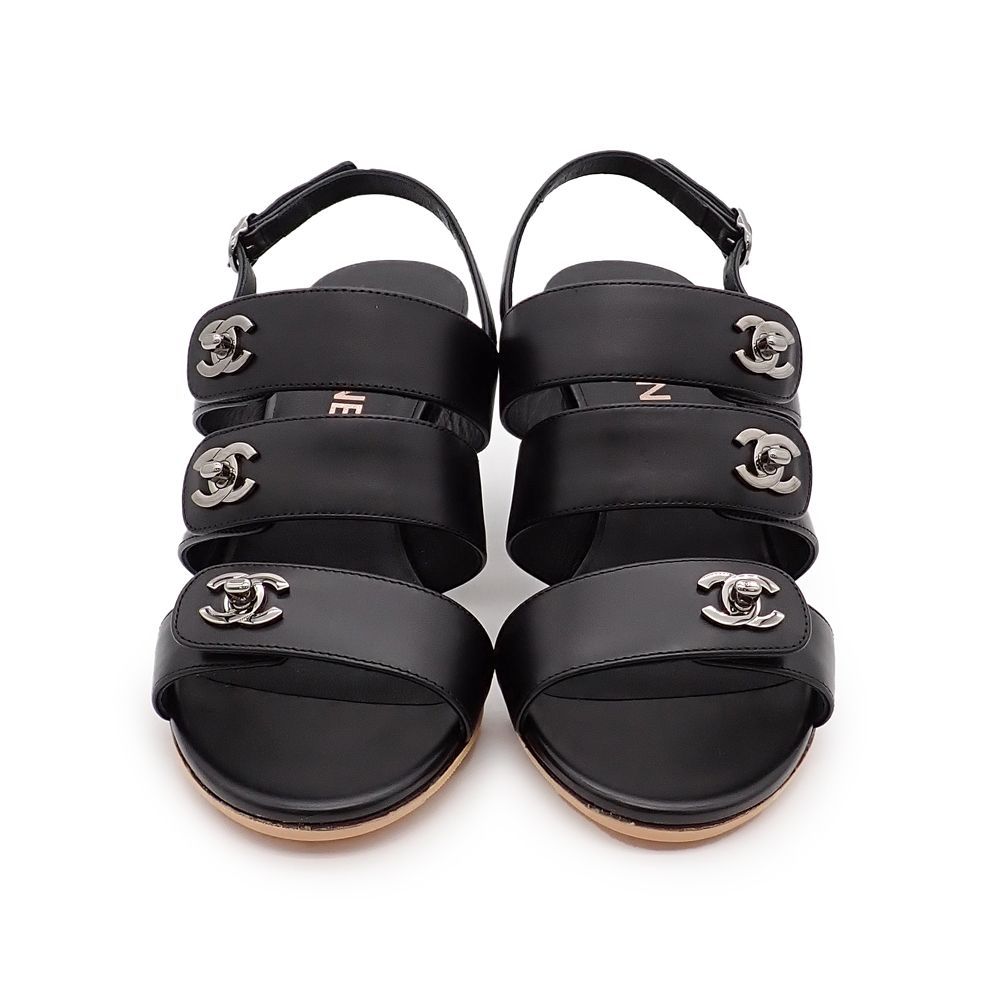 シャネル ココマーク サンダル レディース ターンロック バックストラップ レザー ブラック 37 1 2 24.5 cm G 32651