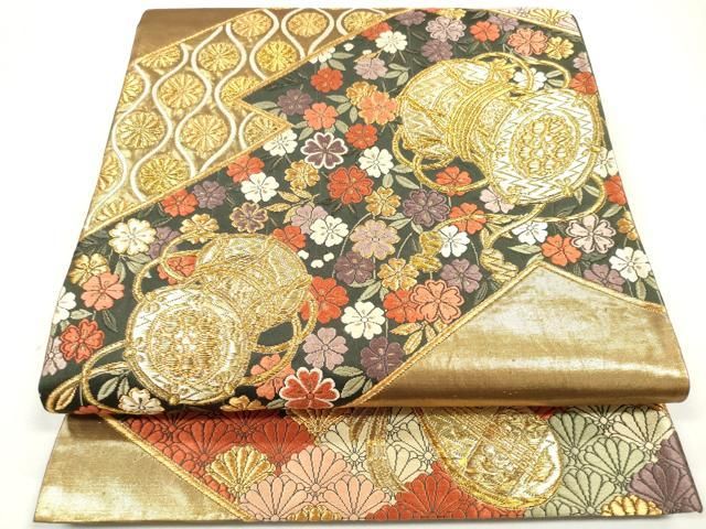 平和屋着物◎六通柄袋帯 唐織 鼓花文 金糸 正絹 逸品 DAAW0890op