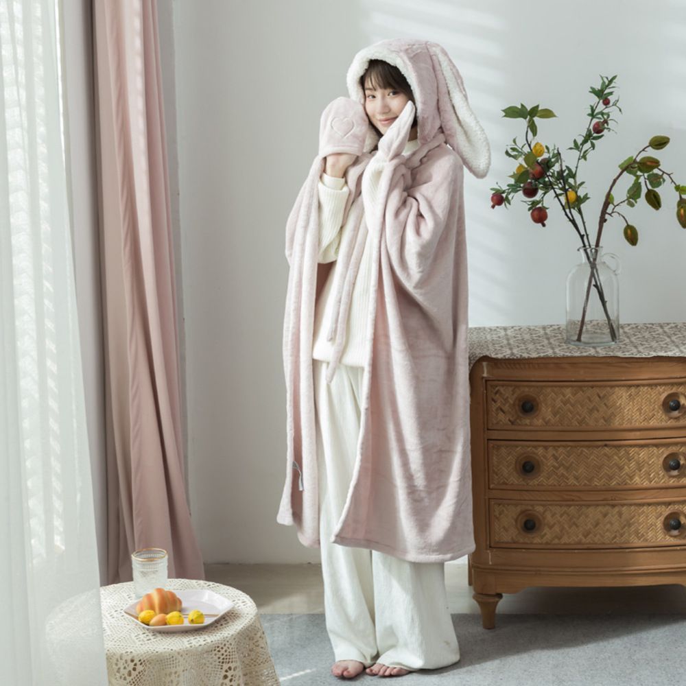ピンク  かわいい着る毛布 najsbl4300 着る毛布 かわいい ブランケット 膝掛け ひざ掛け 毛布 うさ耳 ウサギ フード付き ボタン付き 前開き ふわふわ もこもこ ランネル生地 暖かい 厚手 洗える 