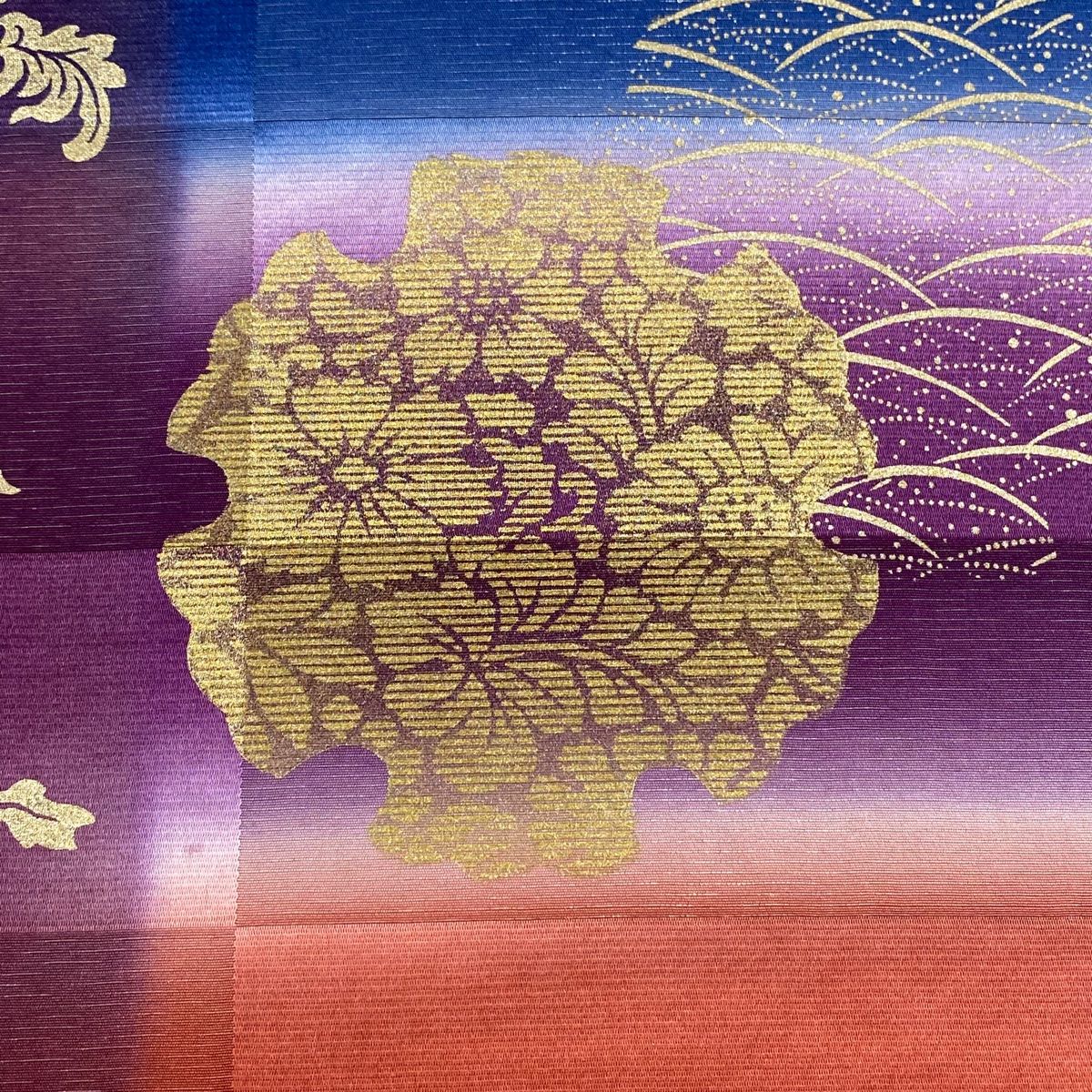 袋帯 美品 秀品 雪輪 草花 銀糸 金彩 紫 六通 正絹 【中古