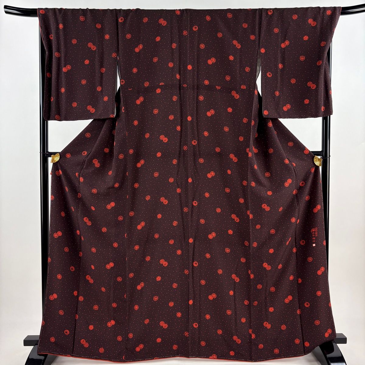 小紋 身丈165cm 裄丈69.5cm L 袷 染谷梅治 落款 家紋柄 大小霰 茶紫 正絹 秀品