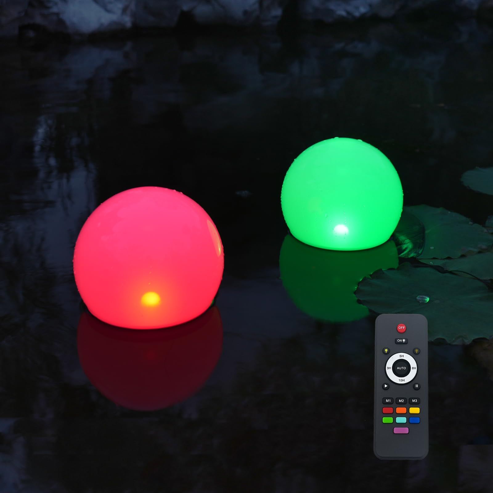 翌朝まで点灯!! 明るさ60ルーメン GWSOLAR プールボール 直径20cm RGB色２個組 Smart Lighting ソーラーフローティング ボールライト リモコンで点灯時間選び 昼光色 昼白色 電球色と 七色調節 ソーラー式 水中ライト