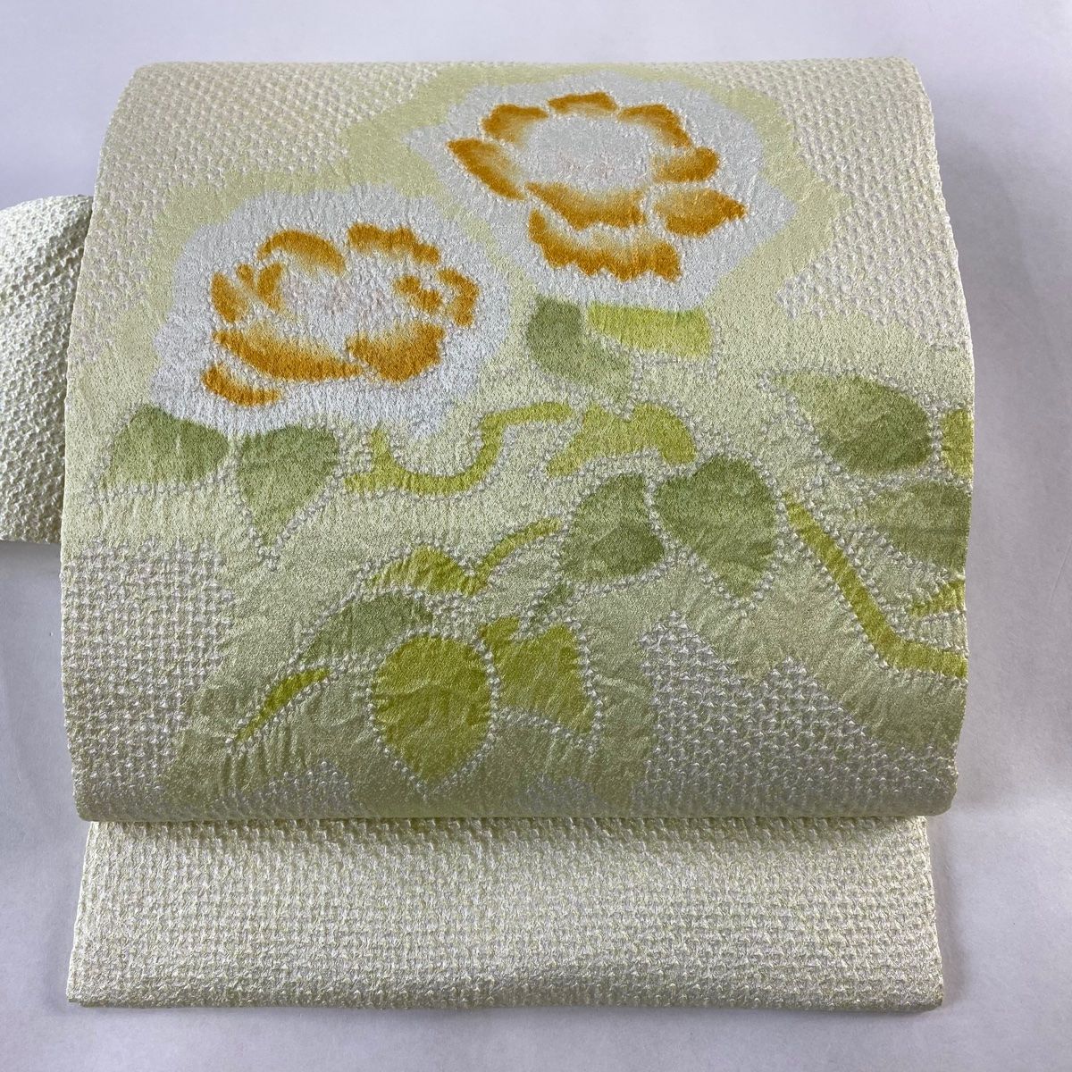 名古屋帯 秀品 草花 絞り 薄緑 正絹