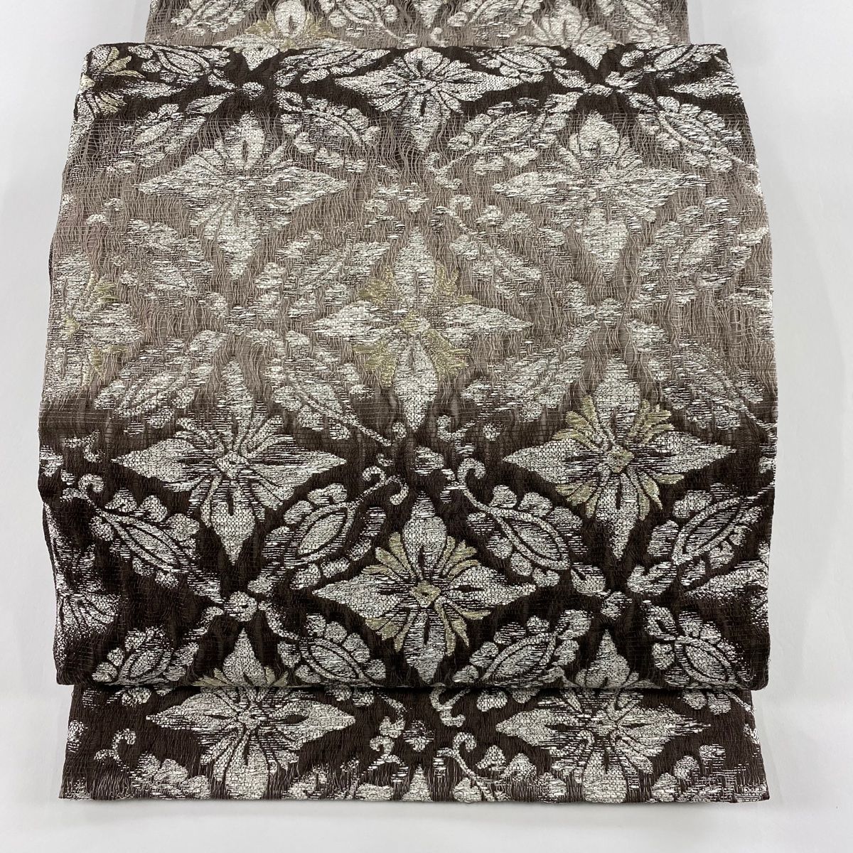 袋帯 加納幸 落款 琳派唐箔 七宝 花菱 金銀糸 箔 焦茶色 六通 正絹