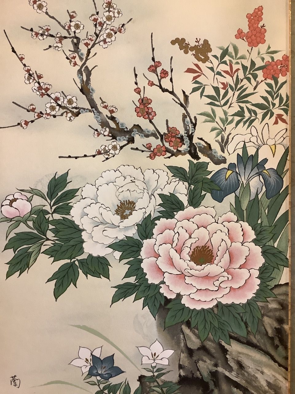 掛軸M007[高見蘭石 四季草花図]絹本 木箱付 日本画 花鳥画