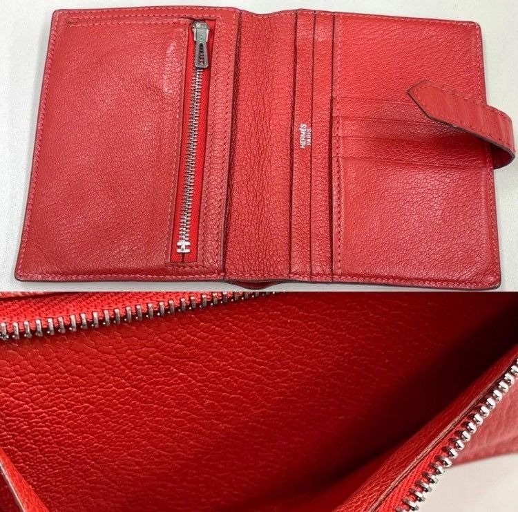 エルメス ベアンコンパクト シェーブル 赤 シルバー金具 折り財布 □I