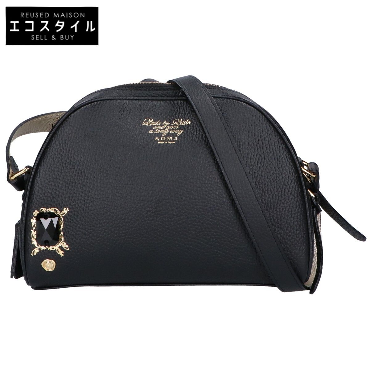 ADMJ 黒色 牛革シュリンク型押し クチュールクリスタル クロスボディバッグ