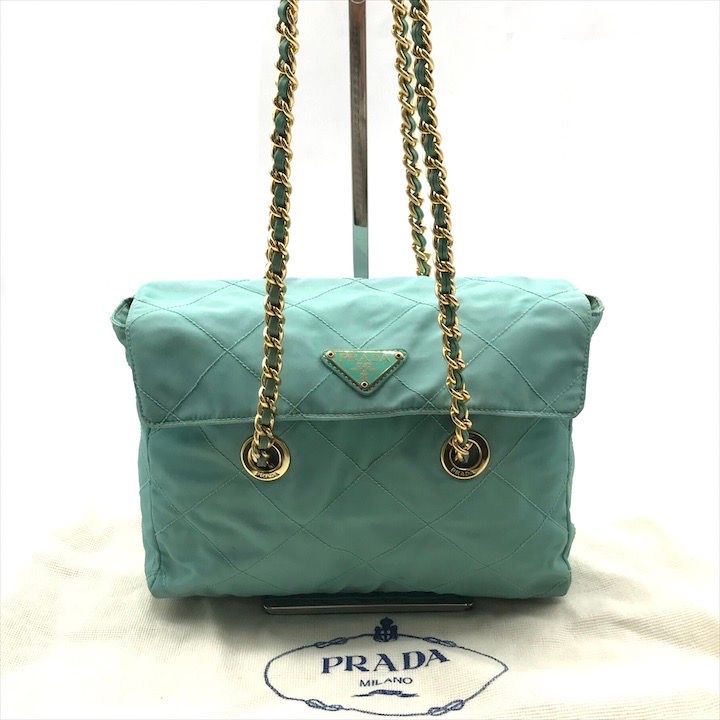 PRADA プラダ 三角ロゴ プレート キルティング ナイロン テスート ライトグリーン チェーン ショルダー バッグ レディース a8537