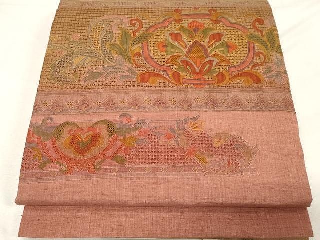 平和屋着物●中国三大刺繍　スワトウ刺繍　総刺繍　太鼓柄袋帯　紬地　中国伝統工芸　切嵌狩猟花文　色無地　薄柿色　正絹 逸品 CABE8527hy 平和屋本店□極上 中国三大刺繍 スワトウ刺繍 刺し子 総刺繍 本場縞