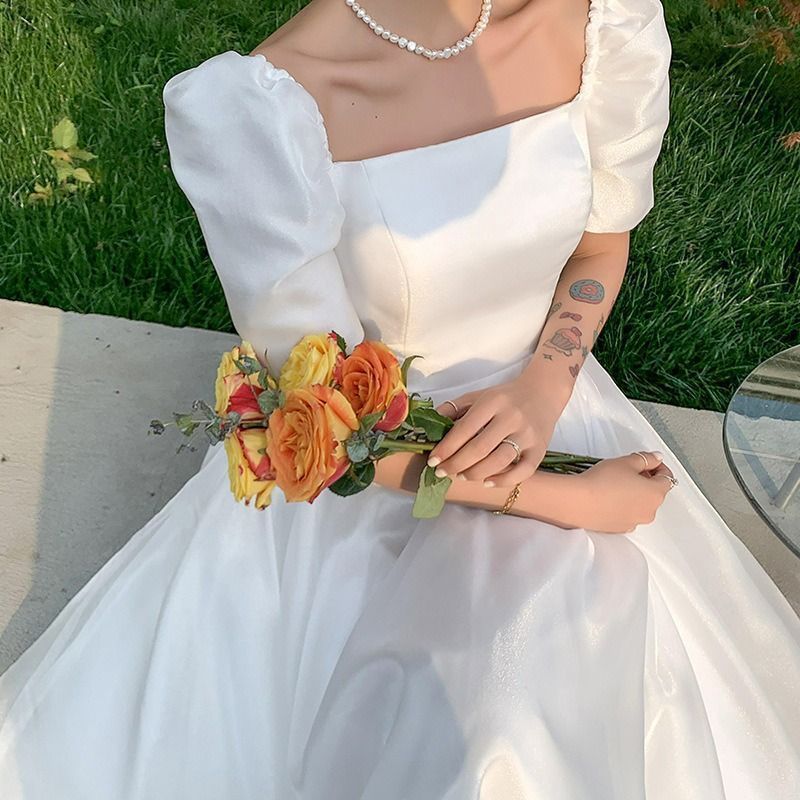サテン ウェディングドレス パフ袖 かわいい 半袖 ふんわり colorfuldress272_1.jpg