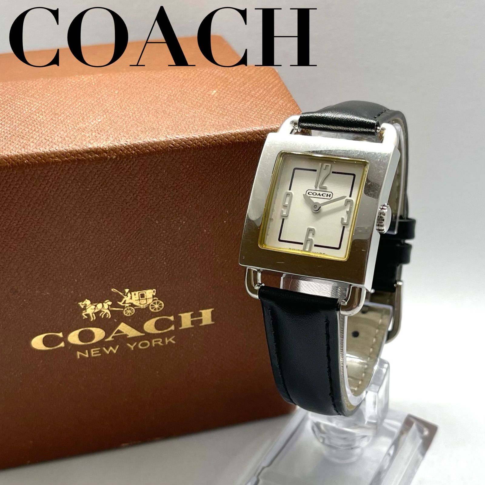 COACH コーチ　レディース　腕時計　レザー　ベルト黒　文字盤白　アイボリー　シルバー　ステンレス　スイス製　221 シグネチャー　スクエア　稼動品　 3気圧防水　クォーツ　アナログ　シンプル　カジュアル