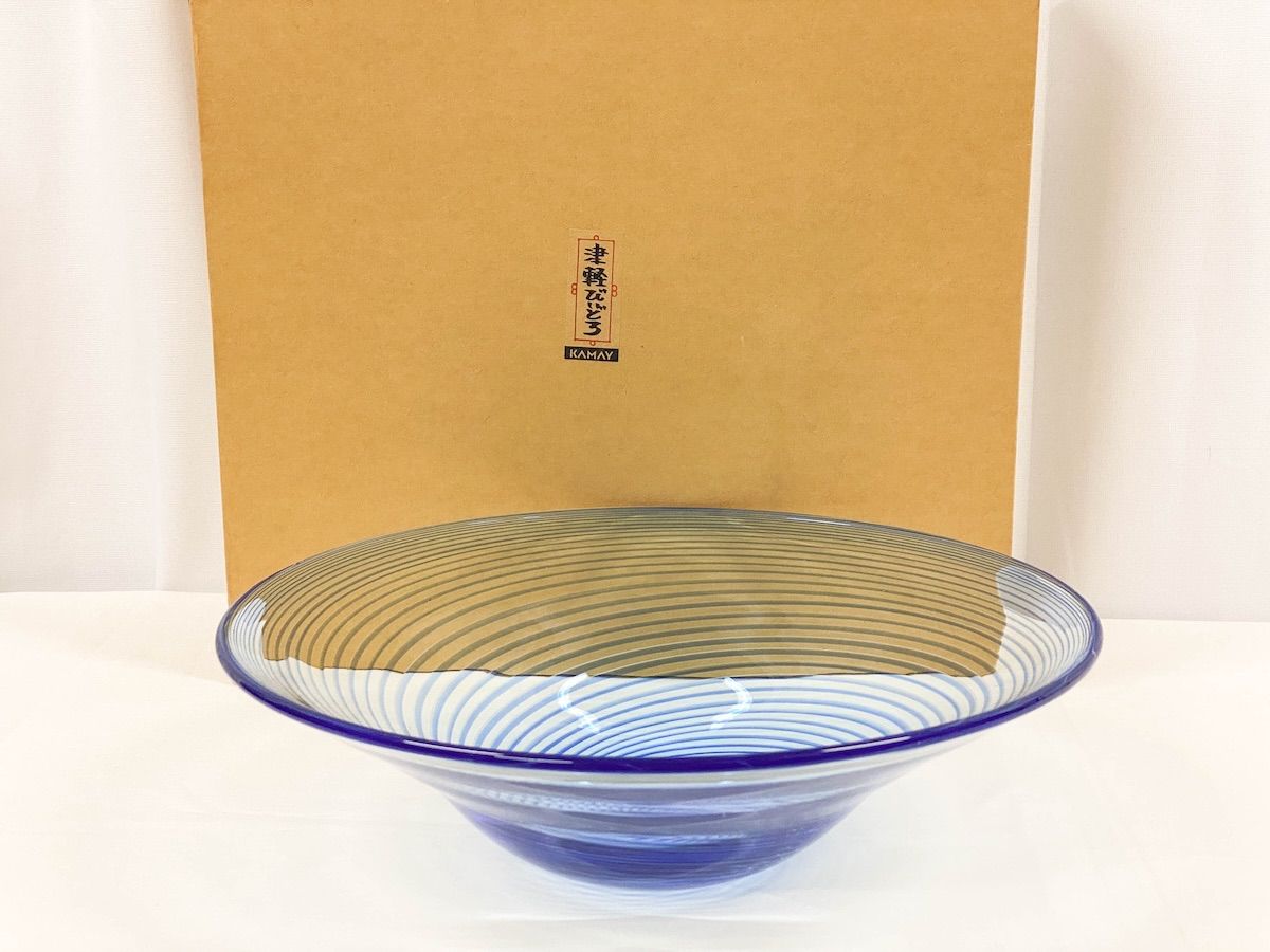KK196 津軽びいどろ ガラス製 水盤 渦巻き ブルー 直径約35.5cm 重さ2.4kg ハンドメイド 伝統工芸 フラワーベース 華道 インテリア 置物