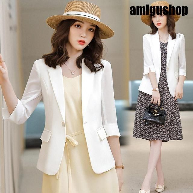 白ジャケット レディース 夏 サマージャケット ホワイト ライトグリーン イエロー ジャケット 30代 40代 7分袖 薄手 テーラードジャケット Ow9Z421