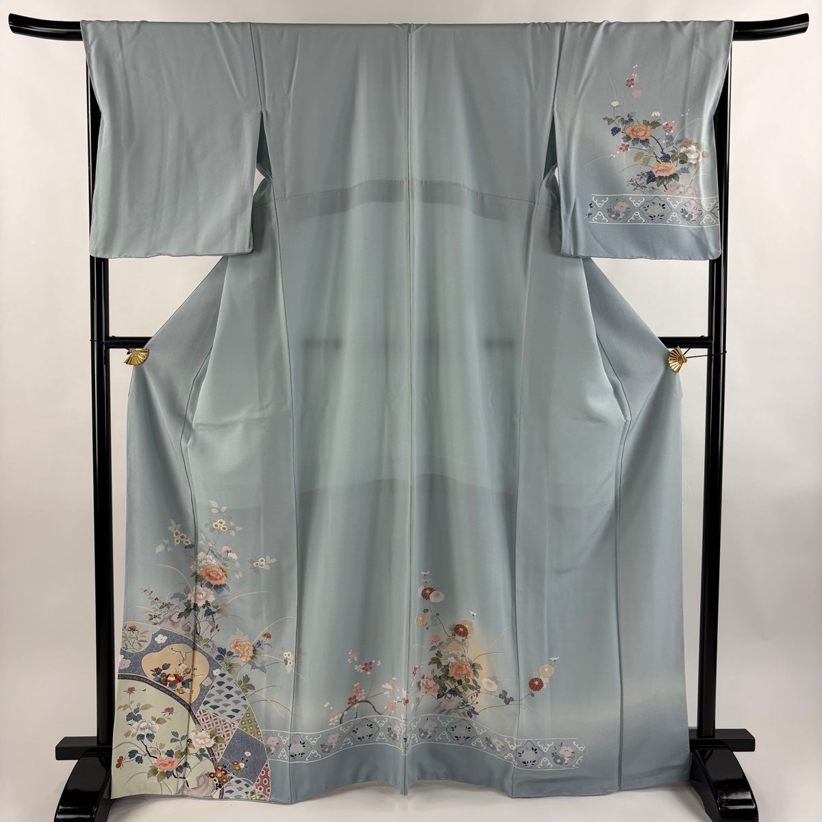 訪問着 身丈167.5cm 裄丈67.5cm L 袷 牡丹 椿 金彩 水色 正絹 秀品