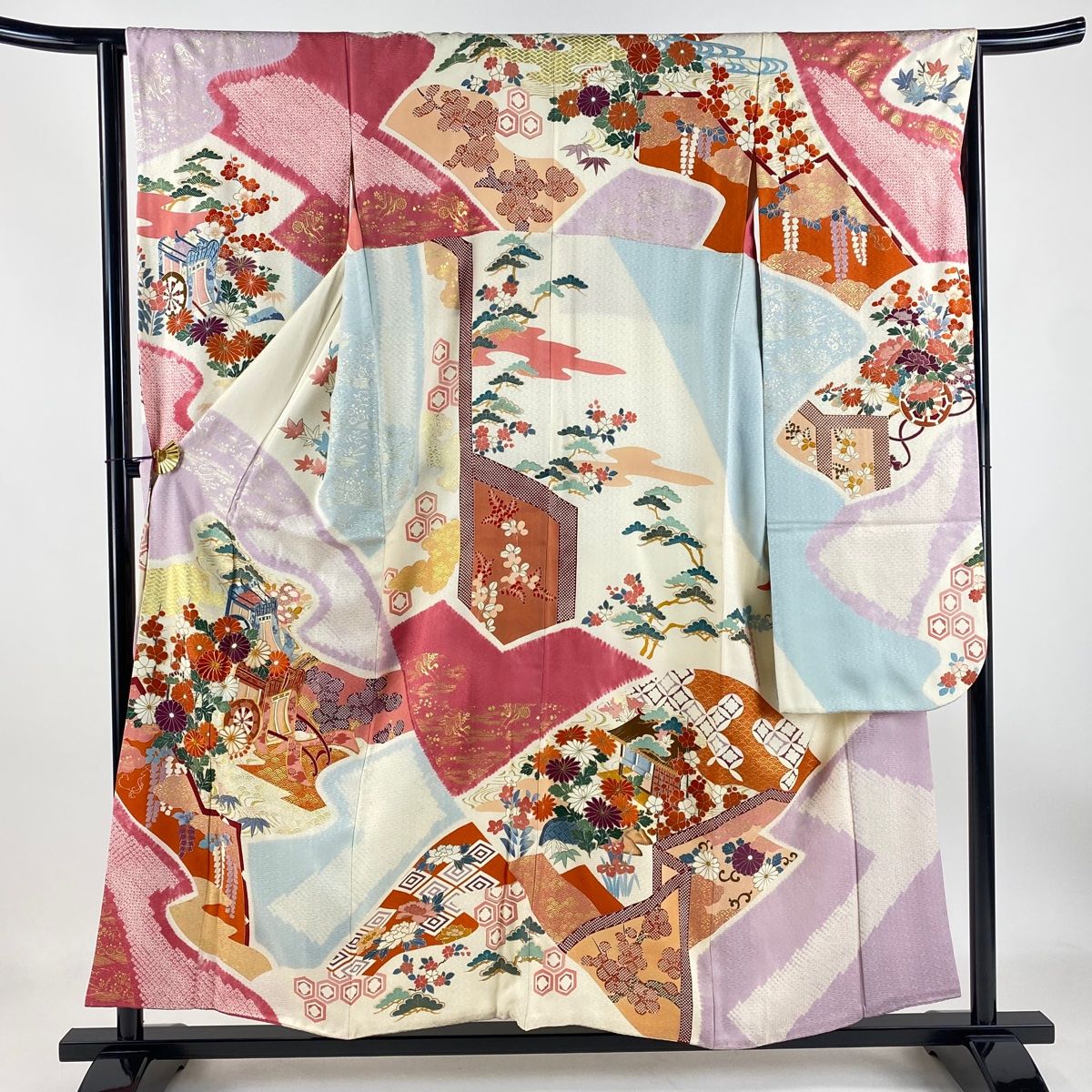 振袖 身丈155cm 裄丈64cm M 袷 御所車 花鳥 刺繍 絞り クリーム 正絹 名品