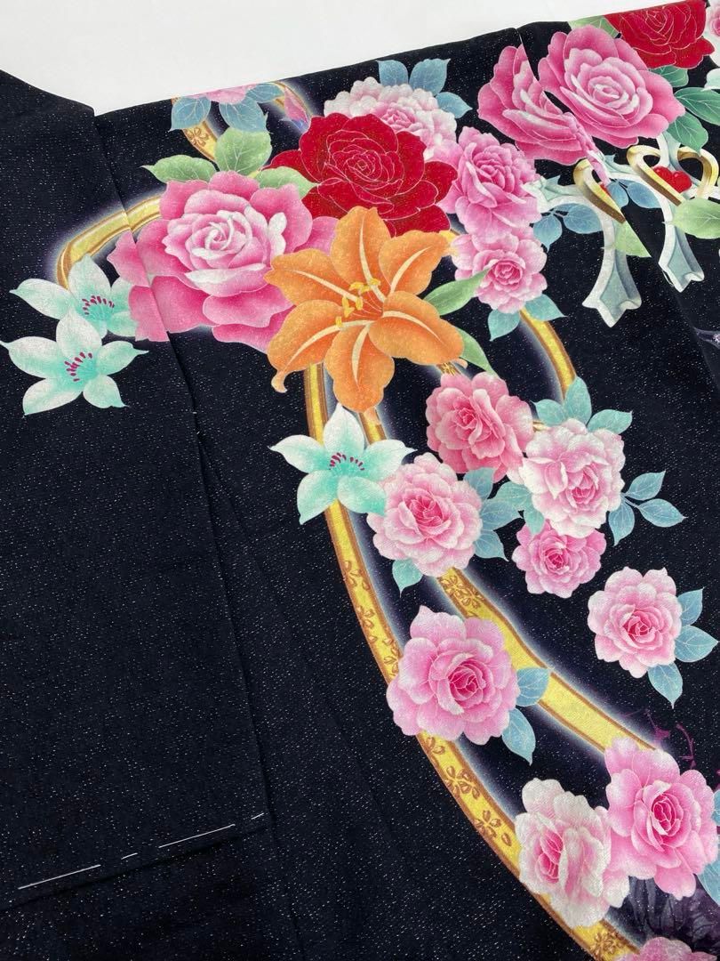 振袖 仮絵羽 舞台衣装 銀通し ラメ刺繍 薔薇 正絹 未仕立て品 八掛付き