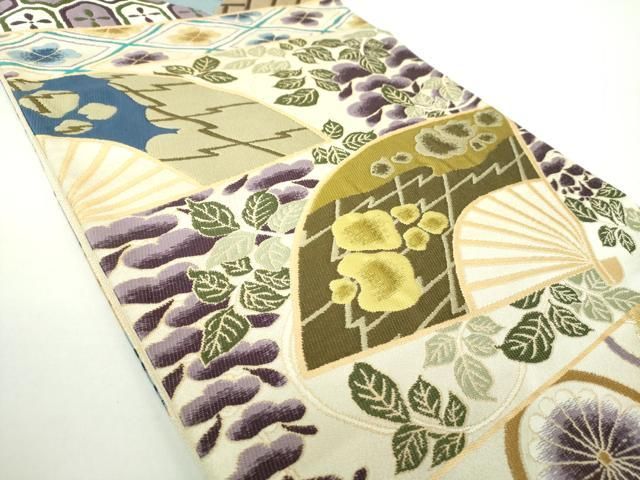 平和屋着物 西陣 白綾苑大庭 六通柄袋帯 扇面花文 金糸 正絹 DAAX4566ps