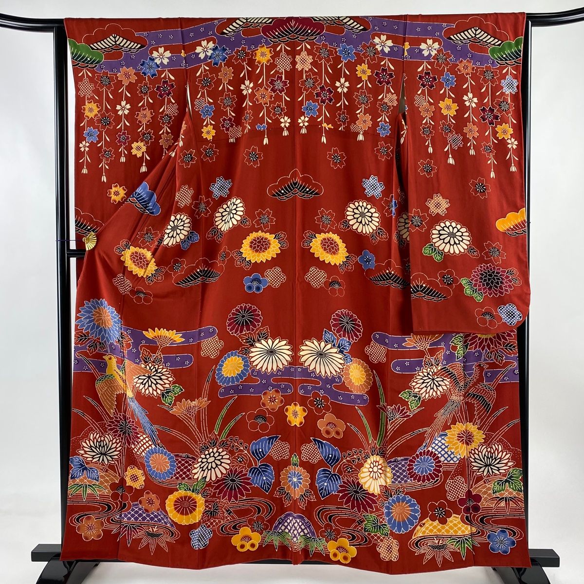 振袖 身丈160cm 裄丈64cm M 袷 花鳥 霞 赤 正絹 名品