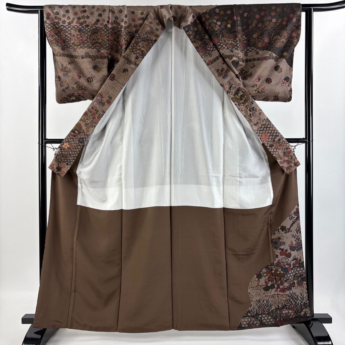 訪問着 身丈164cm 裄丈62cm S 袷 草花 門 金糸 刺繍 薄小豆 正絹 美品  