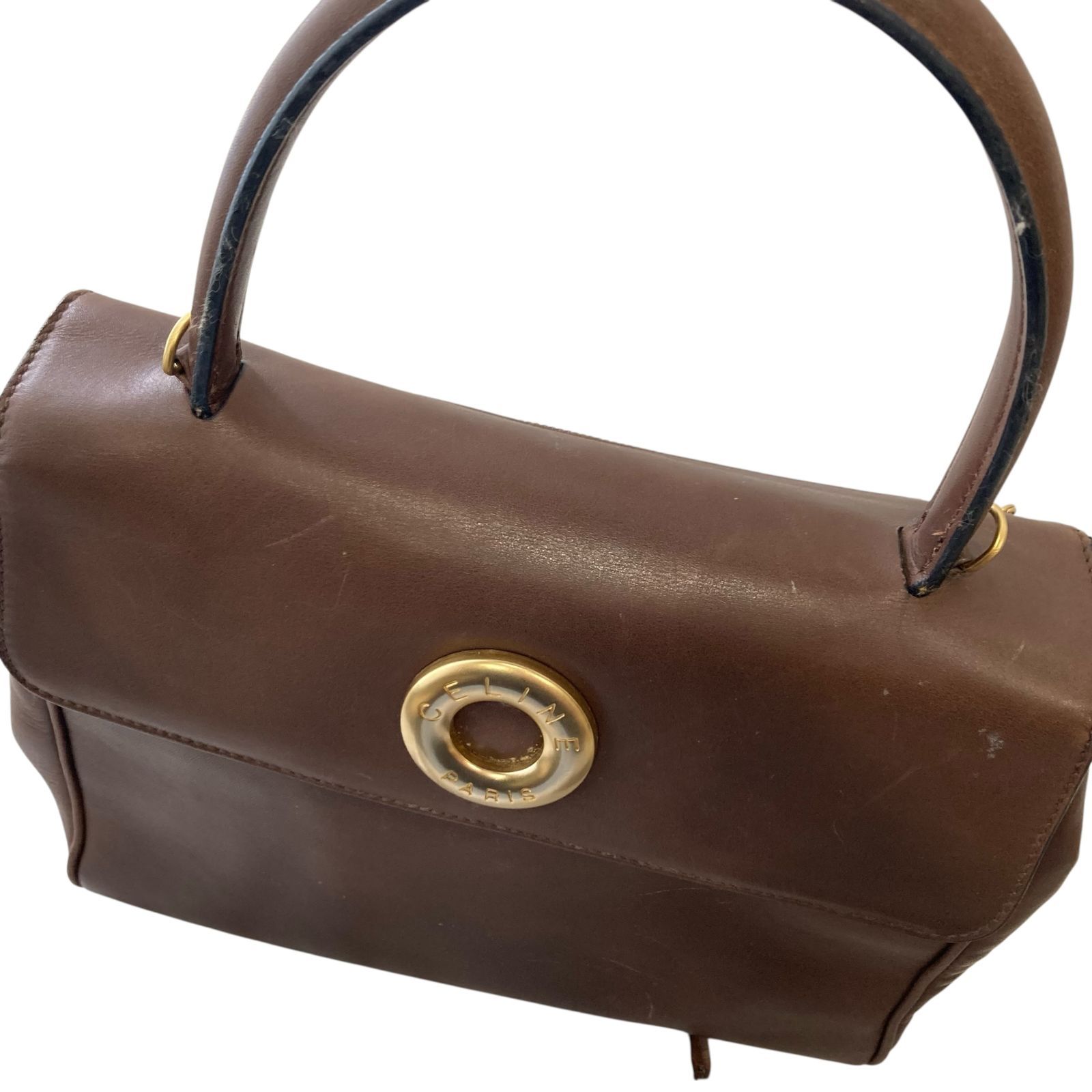 【美品】セリーヌ　ハンドバッグ　2way　サークル　クロコ　レザー　ブラウン 中古○セリーヌ/CELINE○オールドセリーヌ サークルロゴ 2WAY