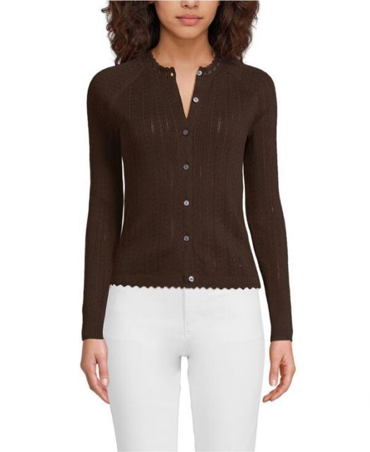 送料無料 ランズエンド レディース ニット セーター アウター Women s Cotton Pointelle Satin Trim Cardigan Sweater Rich coffee