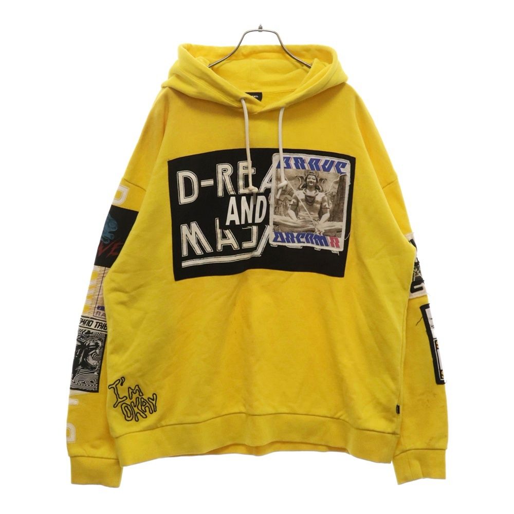 DIESEL (ディーゼル) パッチワーク 刺繍 デザイン スウェット プルオーバーパーカー イエロー
