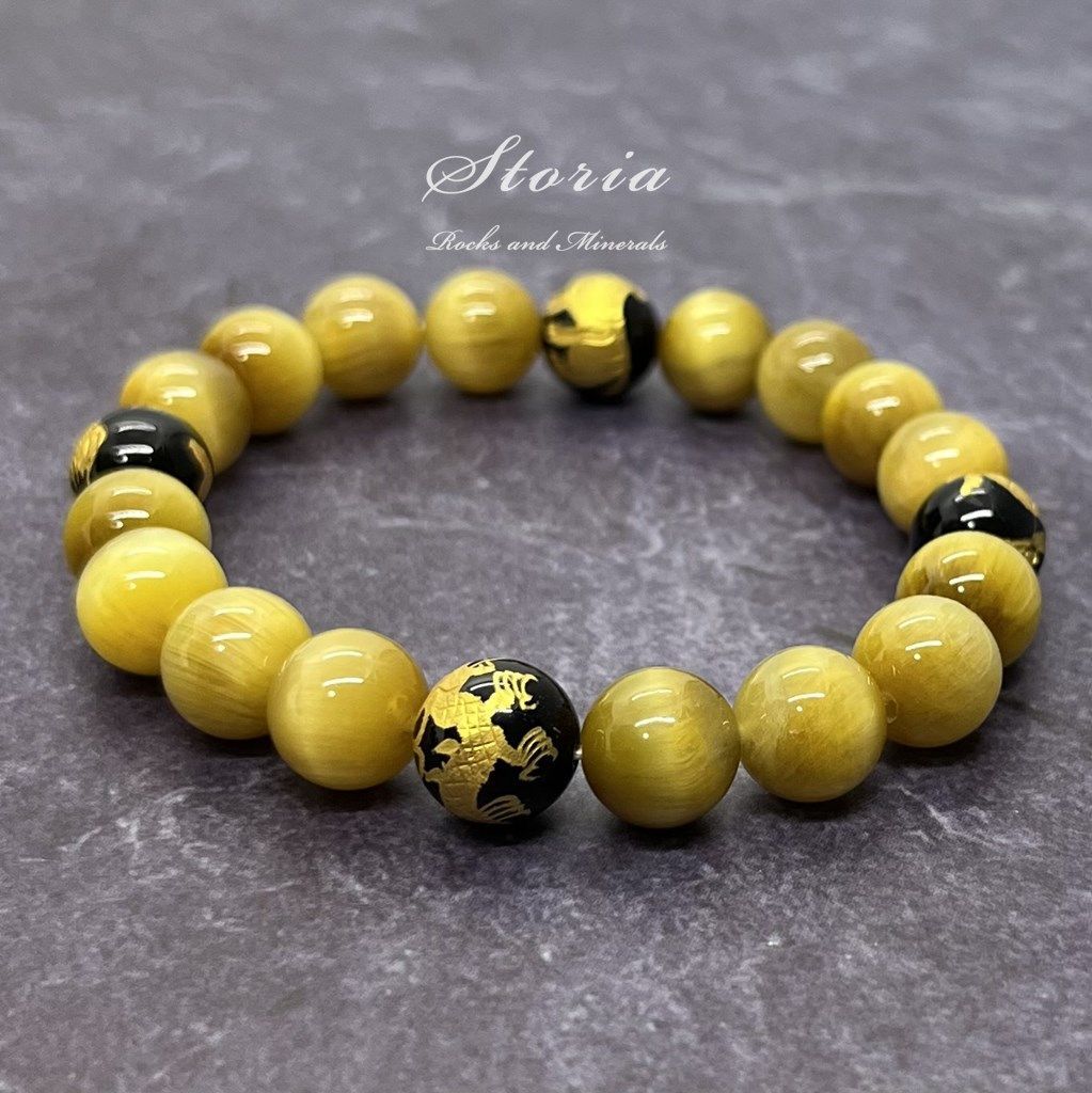 10mm ゴールドタイガーアイ（虎目石）×四神相応 金彫刻オニキス 人気