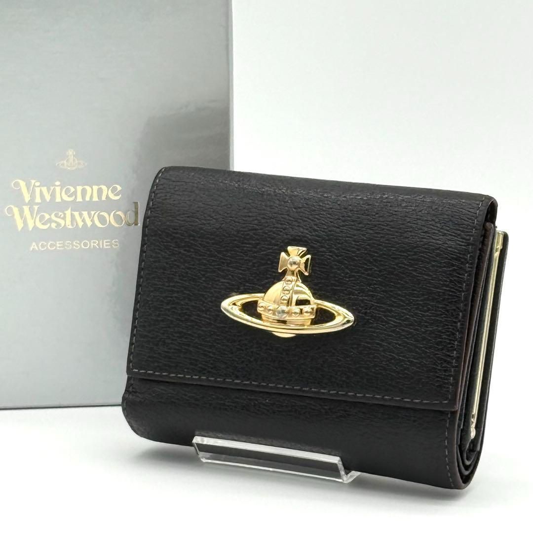 【送料無料（一部地域を除く）】 Westwood 美品】Vivienne 三つ折財布 黒 オーブ がま口財布 小物