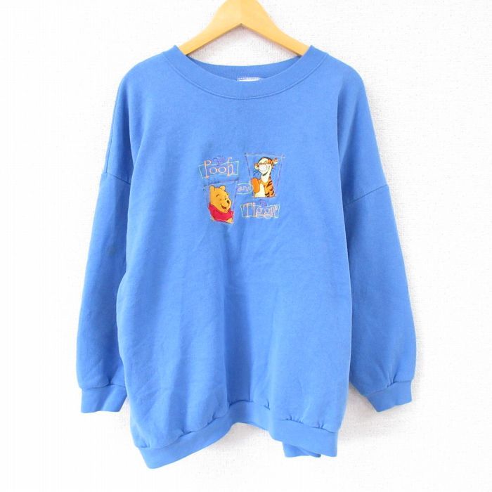 XL/古着 長袖 スウェット メンズ 90s ディズニー DISNEY くまのプーさん ティガー 刺繍 大きいサイズ クルーネック 青 ブルー 22oct19